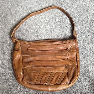 Brown Leather Shoulder Bag. Outside: 2 zipper areas & 1 large open pocket!